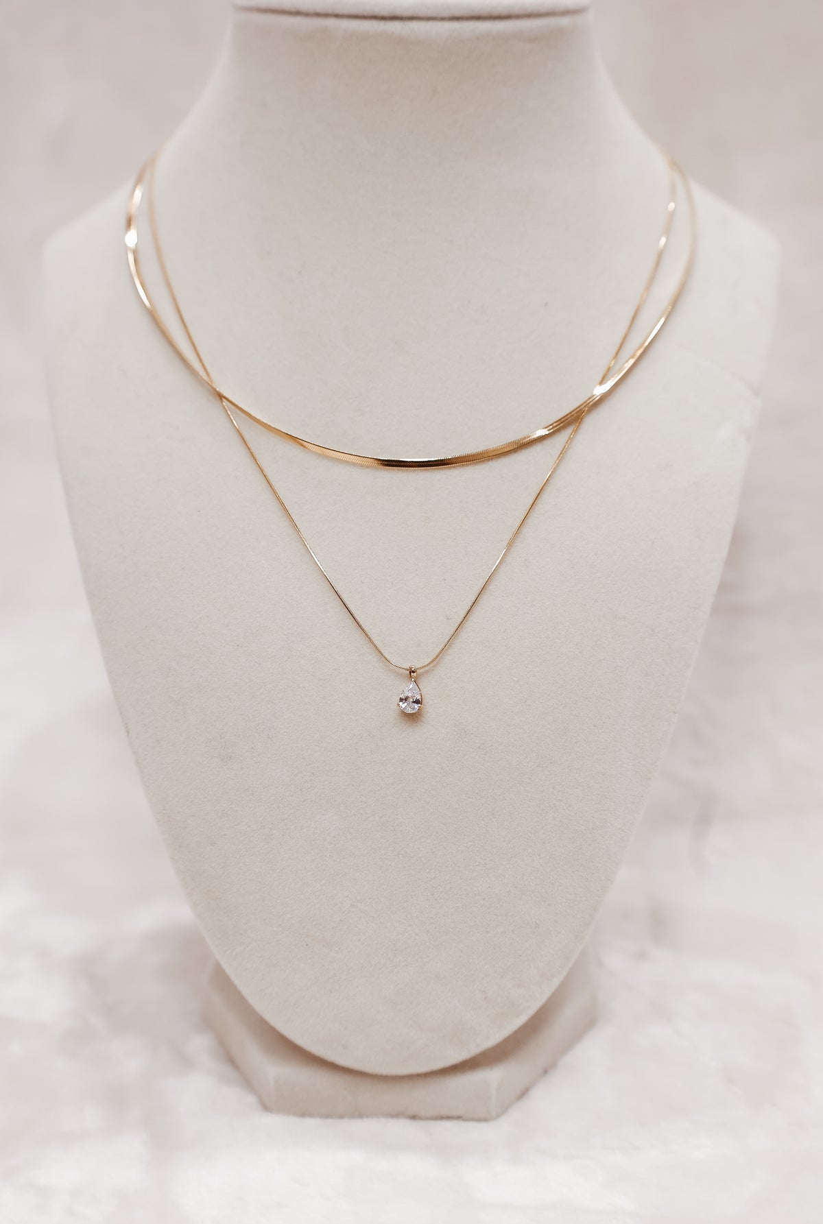 Herring Bone Double Chain Necklace with Solitaire
