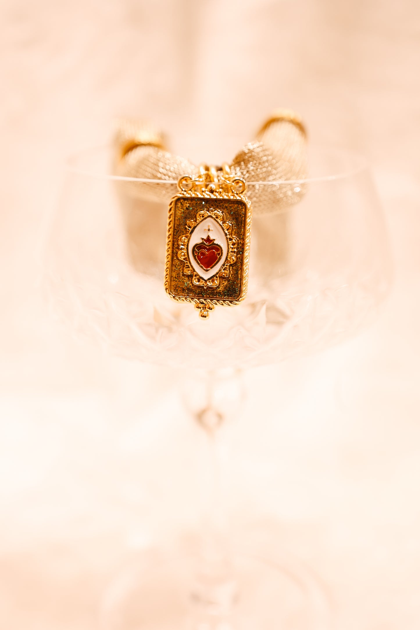 Gold Mesh Necklace with Square Sacred Heart Pendant