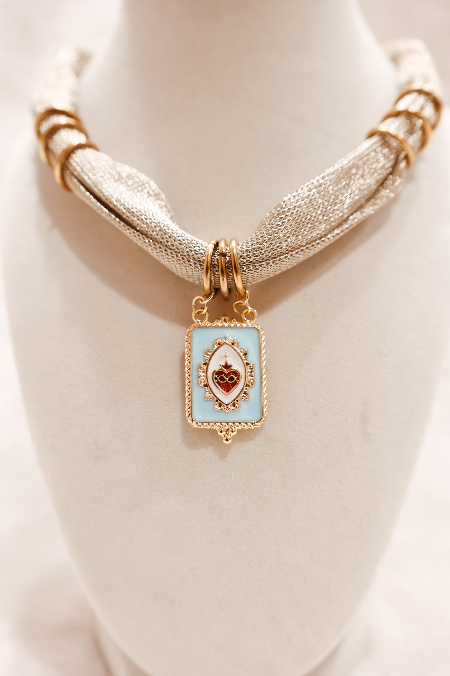 Gold Mesh Necklace with Square Sacred Heart Pendant