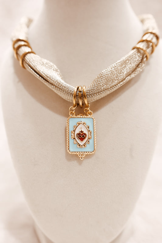 Gold Mesh Necklace with Square Sacred Heart Pendant